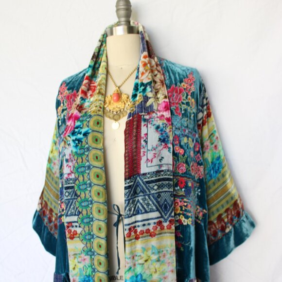 Johnny Was BIYA embroidered silk velvet kimono Haori jacket tunic caftan floral - Picture 6 of 11
